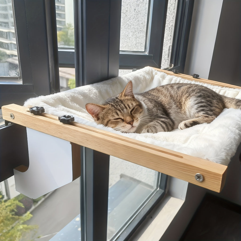 Cat Window Lounger with Adjustable Wooden Frame and Paw Pattern, Hanging Hammock Bed for Compatible Windowsills, Bedsides and Cabinets