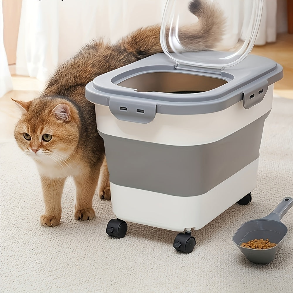 Pet Food Storage Container with Clear Window and Wheels, Foldable Square Plastic Dry Dog and Cat Food Bin with Sealing Lid for Pantry Organization
