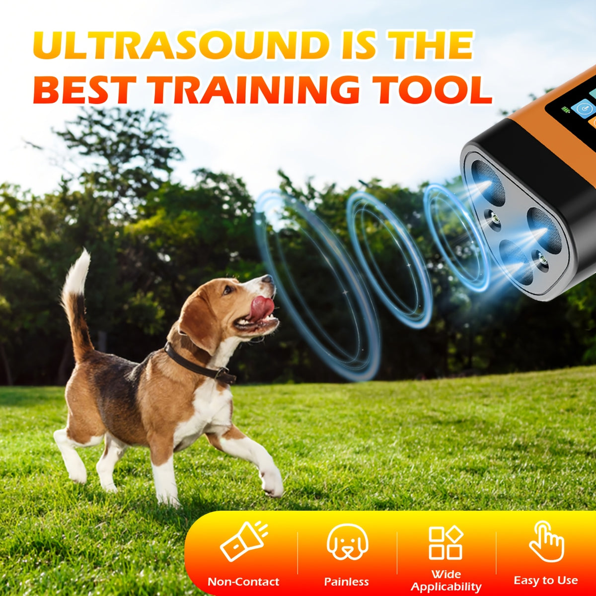 Dog Bark Deterrent with Triple-Head Sonic Design, USB Rechargeable Handheld Anti-Barking Training Device in Orange with Listed 65ft Range