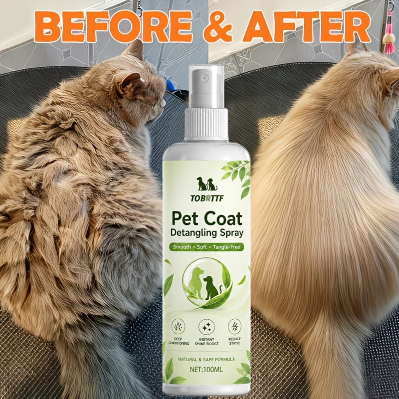 Pet Leave-In Detangler Spray 100ml with Aloe, Vitamin E and Vegetable Oil, Coat Smoothing Grooming Spray for Knots and Soft, Shiny Fur