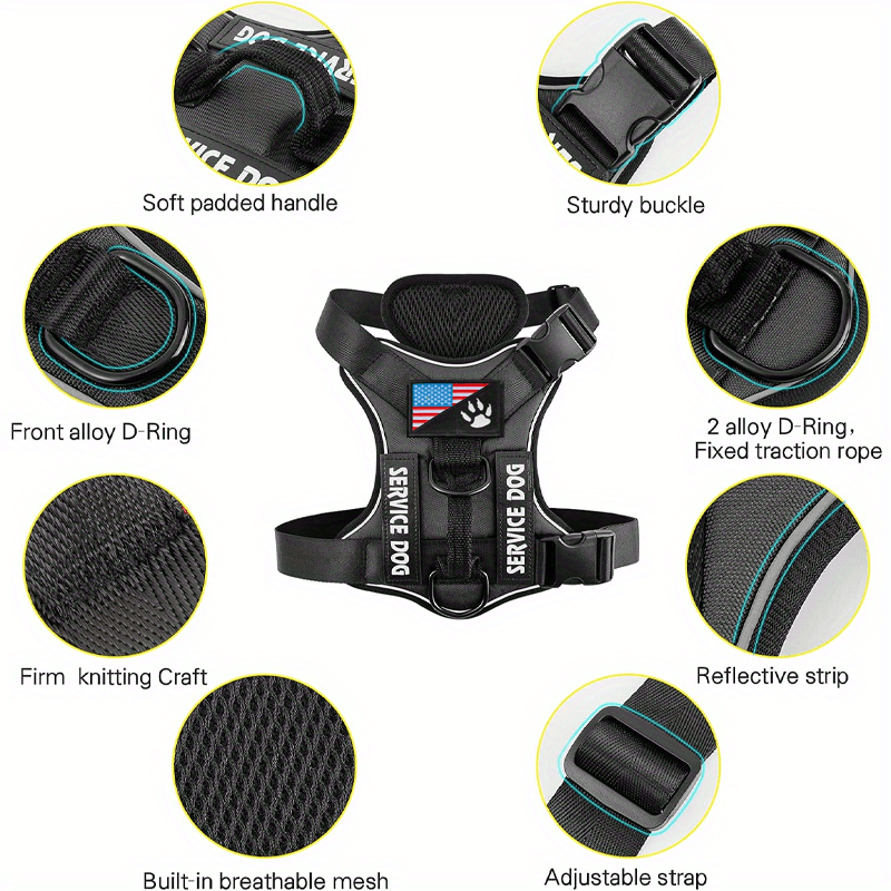Dog Harness Patch Kit with 5 Patches, Reflective Adjustable Oxford Walking Vest with Mesh Lining, Padded Handle and Three Leash Rings, XS to XL