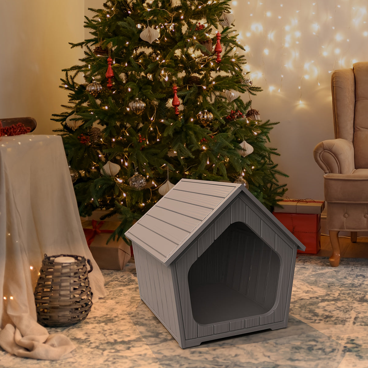 Resin Cat House with Raised Floor and Roof, XL Listed Pet Hideaway for Indoor and Sheltered Outdoor Rest, Blue or Light Brown, Assembly Required