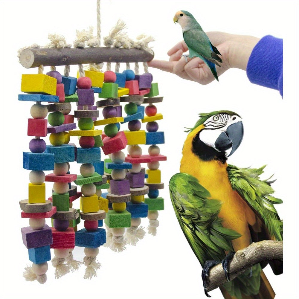 Hanging Parrot Chew Toy with Multicolored Wooden Blocks, 15.74 x 9.84 Inch Bird Cage Enrichment for Macaws, Cockatoos and African Greys