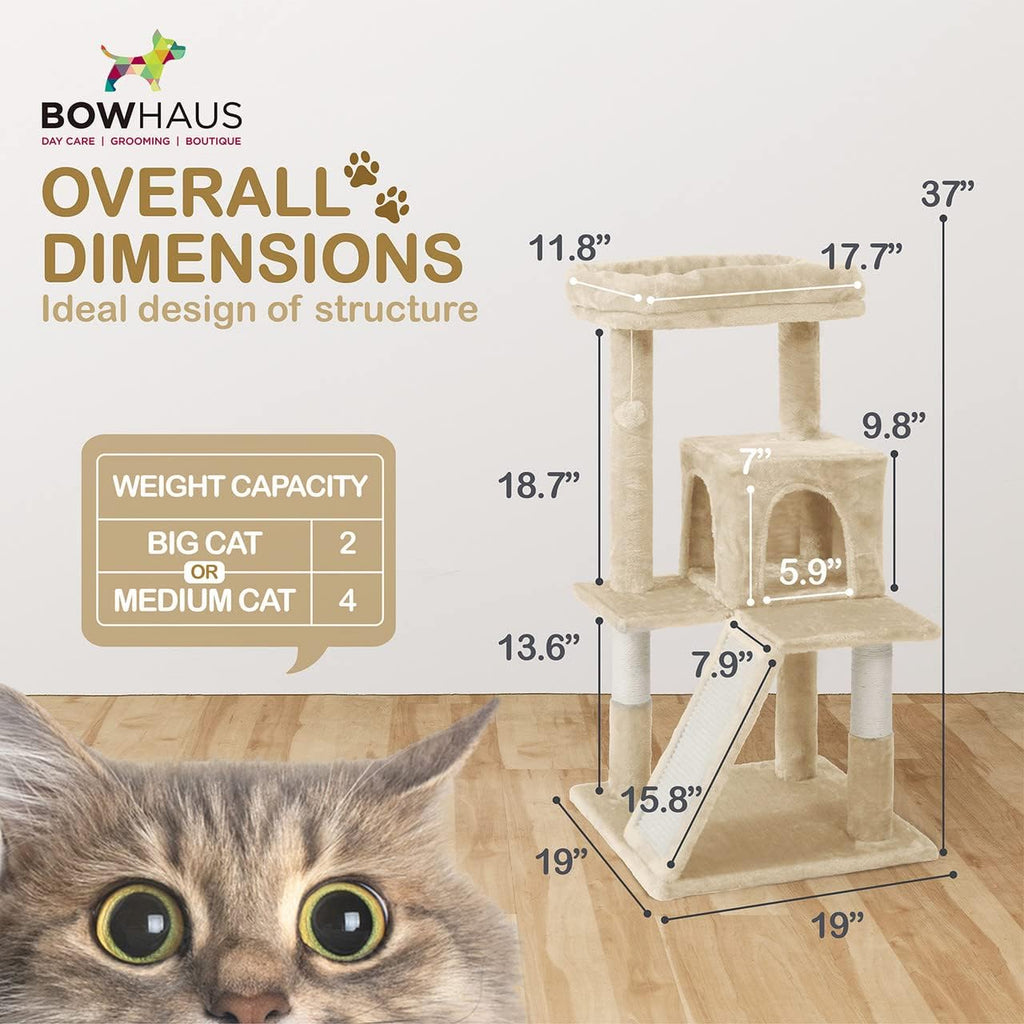 Cat Tree with Scratching Ramp, 37 Inch Indoor Cat Tower with Widened Padded Perch, Sisal Posts, Hammock and Cozy Condo for Cats and Kittens