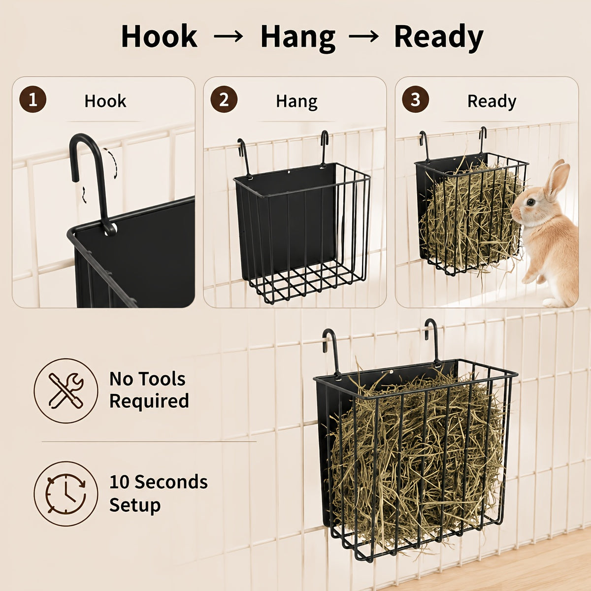 Rabbit Hay Feeder with Hanging Metal Rack, Black Powder-Coated No-Drill Cage Organizer for Guinea Pigs and Chinchillas, Space-Saving Hay Basket