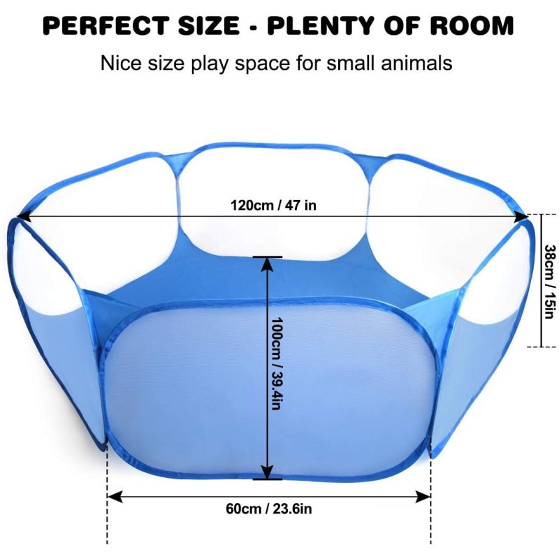 Portable Small Animal Playpen in Blue with Mesh Cover, Indoor Outdoor Pet Enclosure for Supervised Guinea Pig, Rabbit and Kitten Play