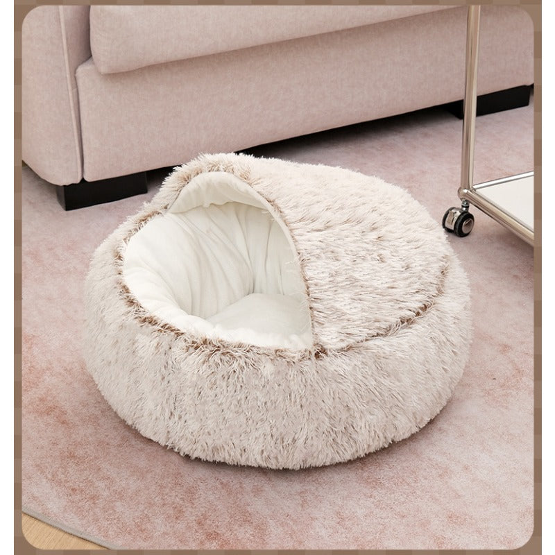 Plush Cat Cave Bed with Shell-Shaped Semi-Enclosed Design, 15.75 Inch Long Plush Pet Nest for Cozy Indoor Rest in Three Color Options