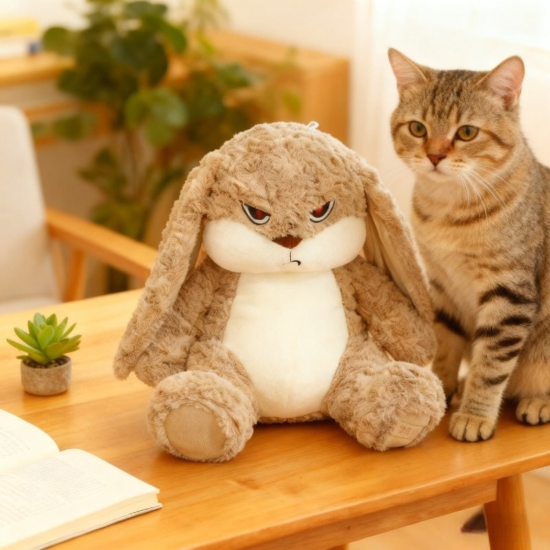 Bunny Plush Pet Toy with Grumpy Face, 13.35-Inch Long-Eared Stuffed Rabbit with Soft Textured Fur for Supervised Cat and Dog Companion Play