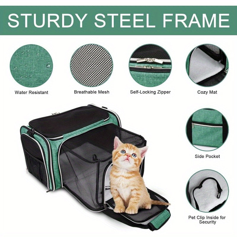 Expandable Cat Carrier Backpack with 3-Sided Expansion and 5-Sided Ventilation, Soft-Sided Foldable Pet Travel Bag with Plush Fleece Pad