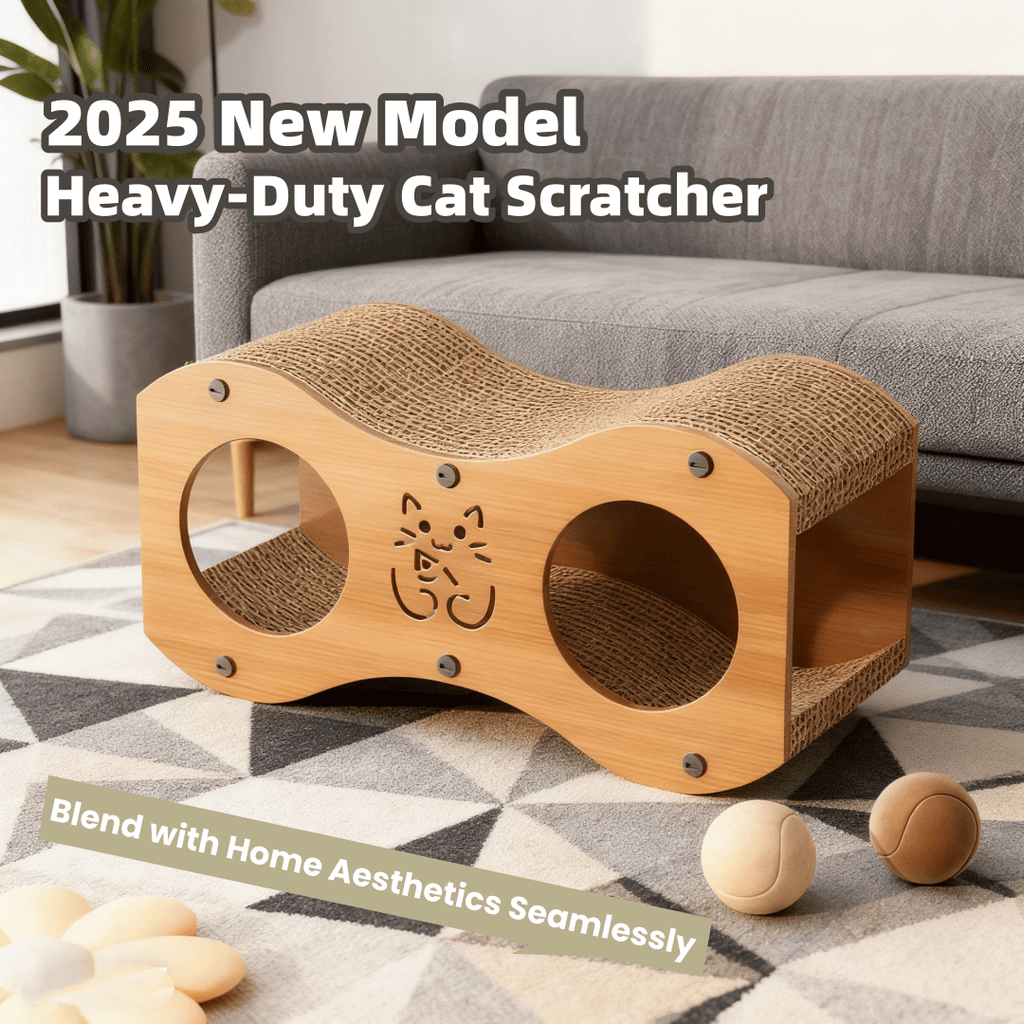 Cat Scratcher Lounge with Double Tunnel Openings, Curved Corrugated Cardboard Scratching Bed with Walnut Color Side Panels for Indoor Rest and Play