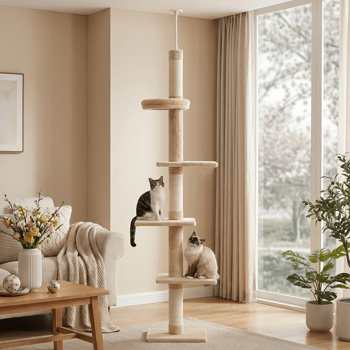 Floor to Ceiling Cat Tree, 90–107 Inch Adjustable 4-Tier Indoor Cat Tower with Tension Rod and Soft Carpet-Style Platforms for Climbing and Rest