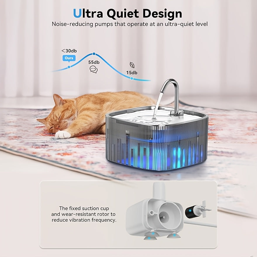 Cat Water Fountain with Square Wave Design, 75oz/2.2L Automatic Pet Water Dispenser with Stainless Steel Lid and Quiet LED Pump for Indoor Cats & Small Dogs