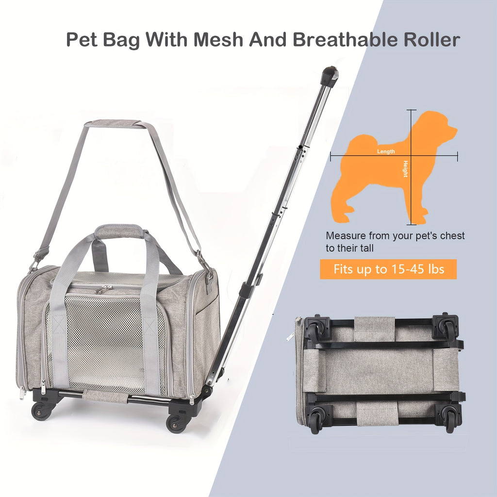 Pet Travel Carrier with Detachable Wheels, Retractable Pull Handle and Breathable Mesh, Soft-Sided Cat and Dog Bag for Vet Visits and Trips