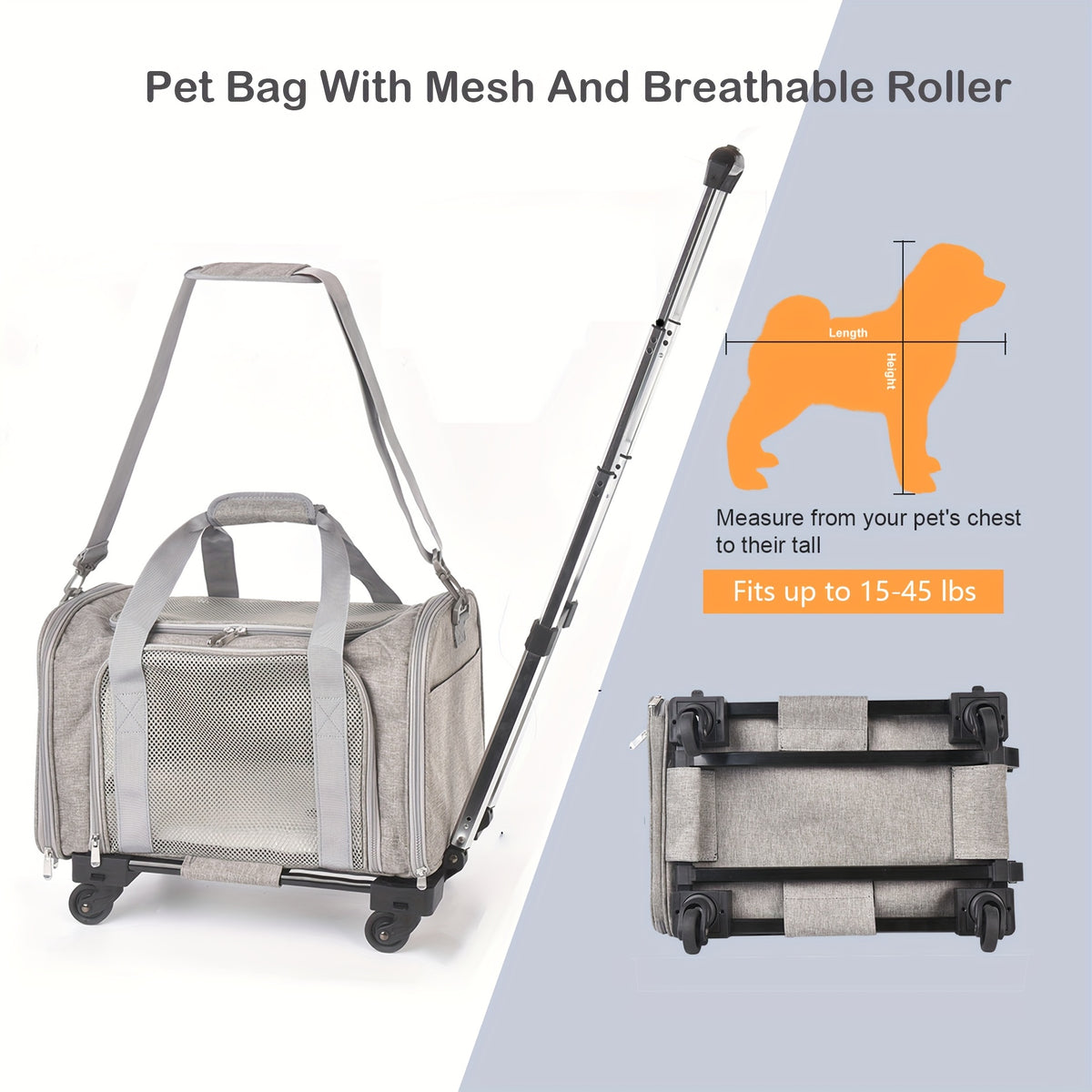 Pet Travel Carrier with Detachable Wheels, Retractable Pull Handle and Breathable Mesh, Soft-Sided Cat and Dog Bag for Vet Visits and Trips