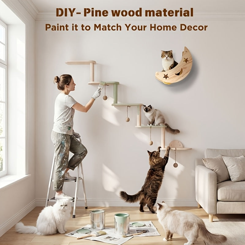 Cat Wall Climbing Frame with 3 or 5 Levels, Solid Wood Wall-Mounted Cat Furniture for Indoor Scratching and Play, Optional Hammock Combination