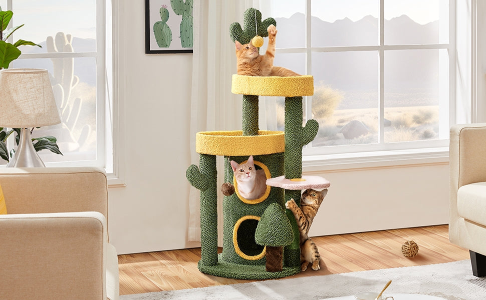 Cactus Cat Tree 48.5 Inch, Oasis-Themed Fleece Cat Tower with 3 Perches, Condo, Scratching Posts and Toys for Small Medium Indoor Cats, Green Yellow