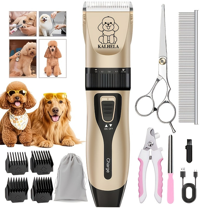 Electric Pet Clippers for Dogs and Cats, Rechargeable Low-Noise Hair Trimmer for At-Home Grooming with Three Gold Grooming Set Options