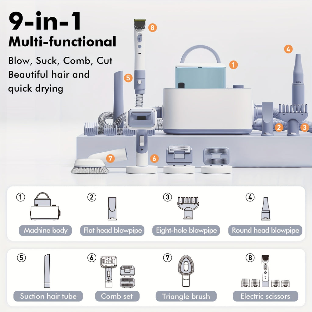 Pet Grooming Vacuum ET2311-3, 9-in-1 Dog Hair Collection and Dryer Set with Electric Clippers, Adjustable Speed and Temperature, 104.82oz Dust Bin