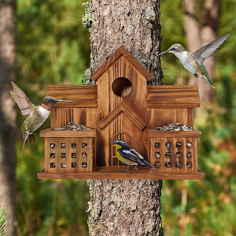 Compact Wooden Birdhouse with Feeding Spoon, Hanging Cottage-Style Bird House with Round Openings and Front Feeding Areas for Outdoor Garden Decor