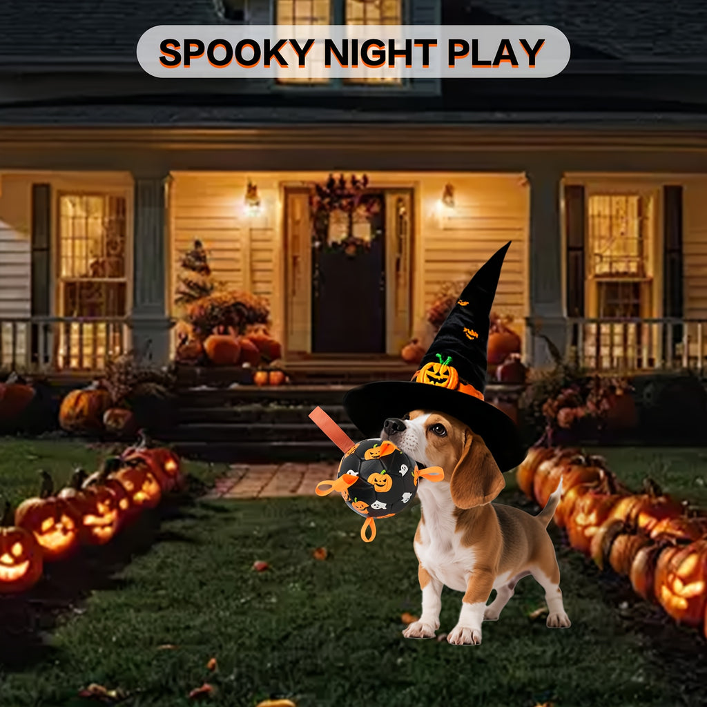 Halloween Dog Ball with Pumpkin and Ghost Print, Black Soccer-Style Fetch Toy with Orange Grab Straps, Pump and Needle for Supervised Outdoor Play