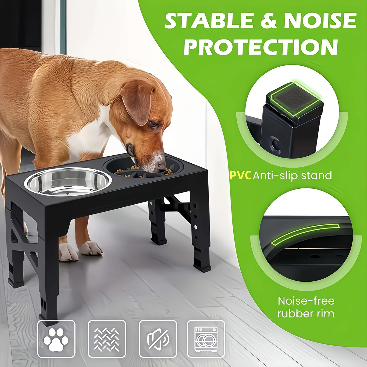 5-Height Dog Bowl Set with Foldable Adjustable Stand, Slow Feeder and Stainless Steel Bowl for Medium and Large Dogs, Black or Pink