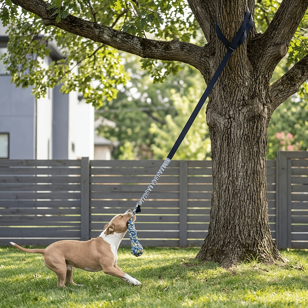 Tree Hanging Dog Tug Toy with Bouncy Tether and Chew Rope, Black Outdoor Tug of War Toy for Supervised Backyard Play with Small to Large Dogs