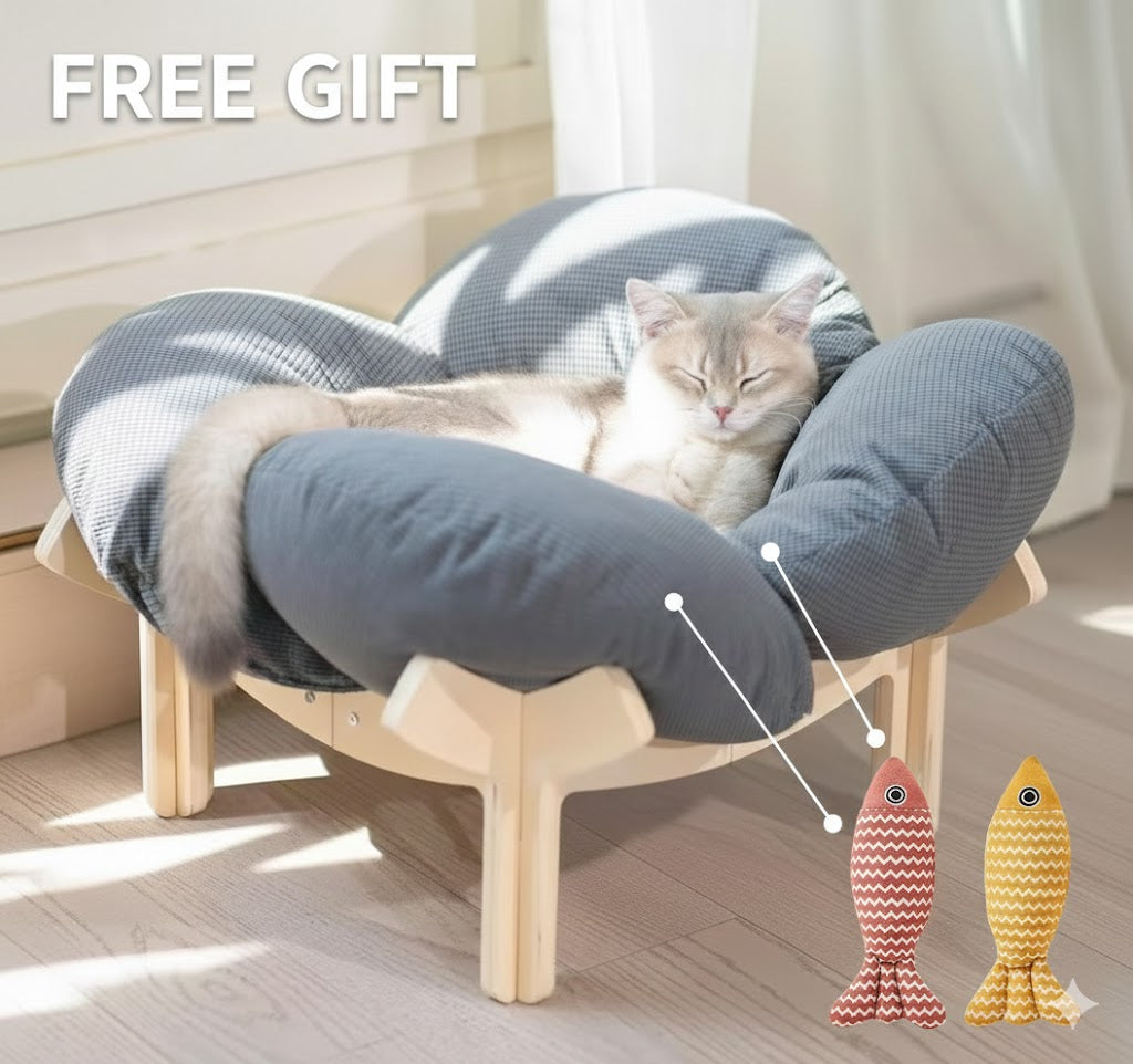 Pink Wooden Cat Lounge Bed with Soft Cushion, Elevated Indoor Pet Sofa Chair in Pink + Two Linen Fish Style for Cat Naps and Cozy Home Lounging