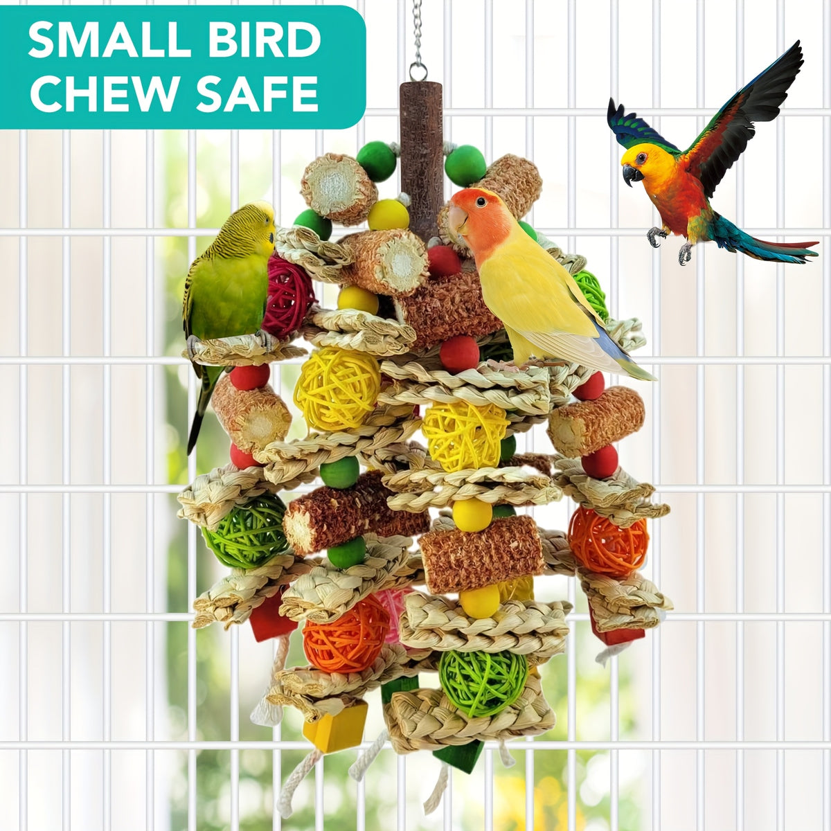 Bird Chew Toys with Natural Corn Cobs, Wooden Blocks and Rattan Balls for Parrot Enrichment, Supervised Cage and Aviary Play, 400g Option