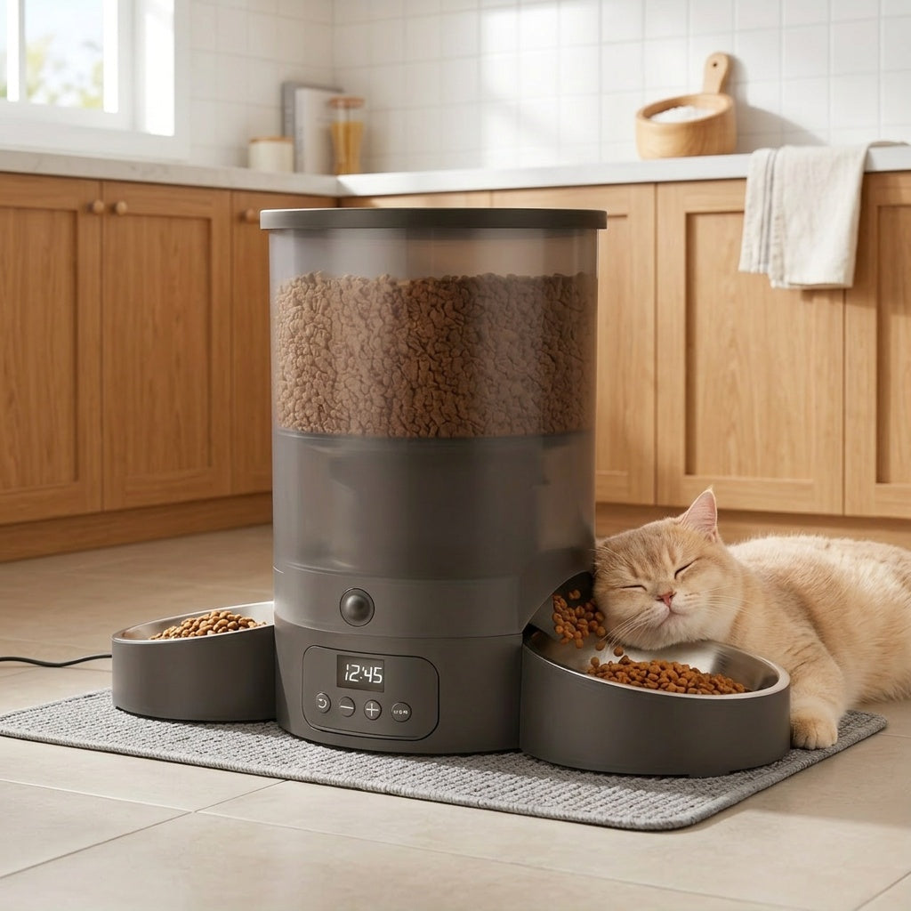 Dual Bowl Automatic Cat Feeder 3L, Button-Control Timed Food Dispenser with 1-6 Daily Feedings and 1-12 Portions per Meal, White for Cats and Dogs