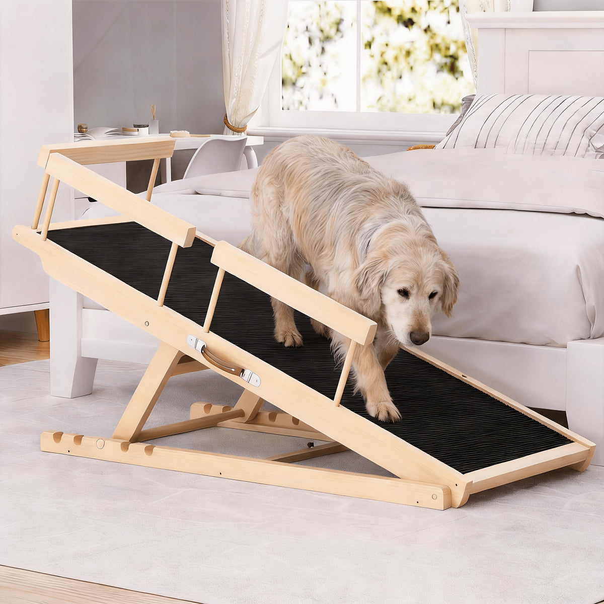 Dog Ramp for Bed and Sofa, Folding Wooden Pet Ramp with Adjustable Height and Side Guards, 40, 44 or 55 Inch Length Options for Furniture Access
