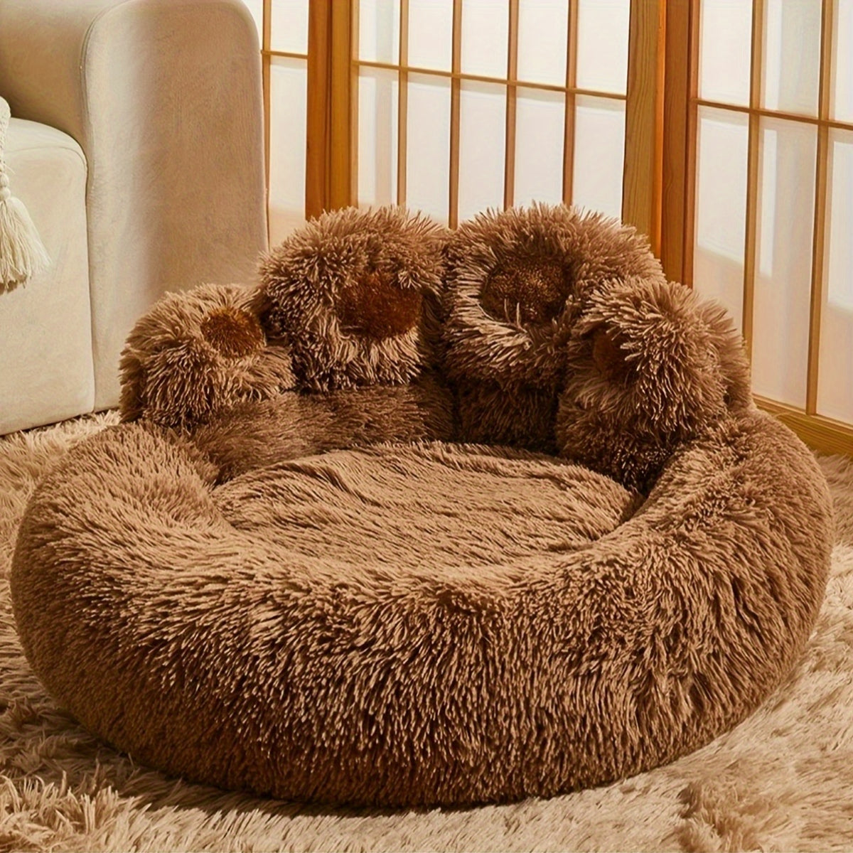 Plush Dog Bed with Bear Paw Design, Washable Fluffy Pet Sleeping Cushion with Raised Edges, 60–90 cm Sizes in Coffee, Pink and Gray