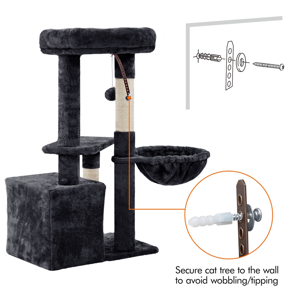 Cat Tree 34.5 Inch with Condo and Basket, Plush Indoor Cat Tower with Nest, Platform, Three Sisal Scratching Posts and Scratching Board in Five Colors