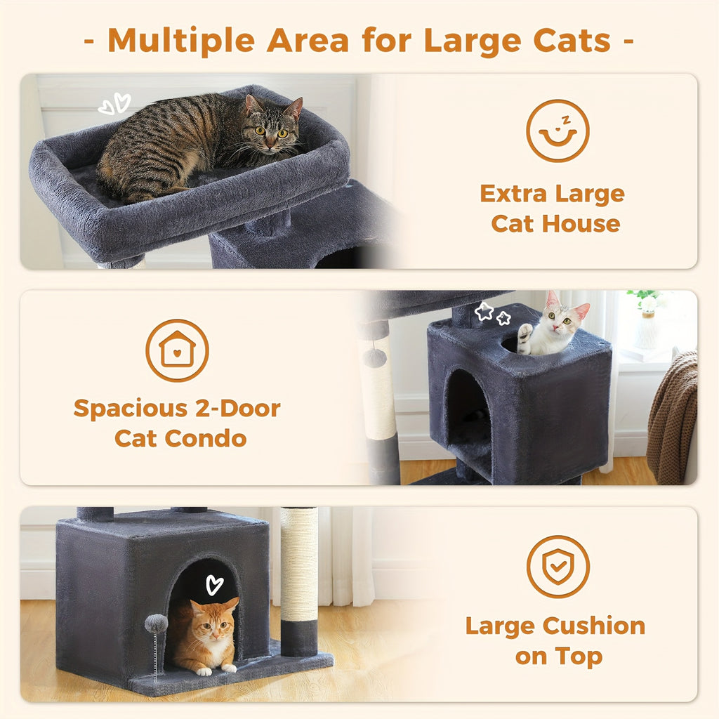 Cat Tree with Two Spacious Condos, 31.5 or 44 Inch Indoor Cat Tower with Washable Top Perch, 3.4 Inch Thick Scratching Posts and Two Play Toys