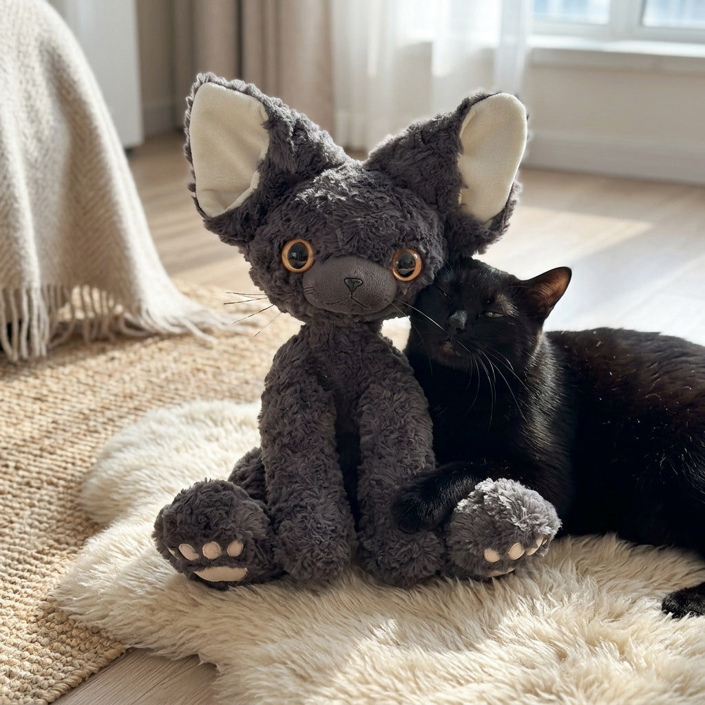 Soft Fur Cat Toy 13.78 Inch, Devon Rex Inspired Black Cat Character with Large-Eye Cartoon Design for Supervised Gentle Play and Pet Lover Gifts