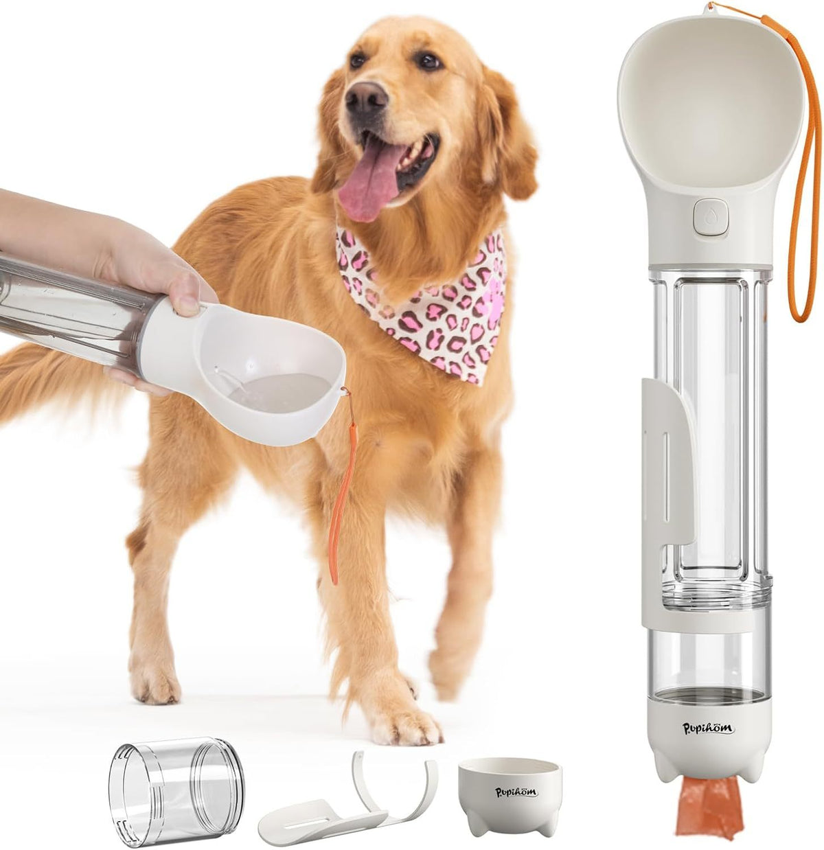 3-in-1 Dog Water Bottle with Food Container and Poop Bag Feature, Portable Pet Drinking Dispenser for Walks and Travel, 300ml or 500ml