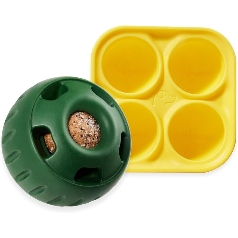 Dog Treat Ball and Tray Mold Set, 2-Piece Battery-Free Interactive Chew Toy Kit for Supervised Enrichment, Orange or Green Ball Options