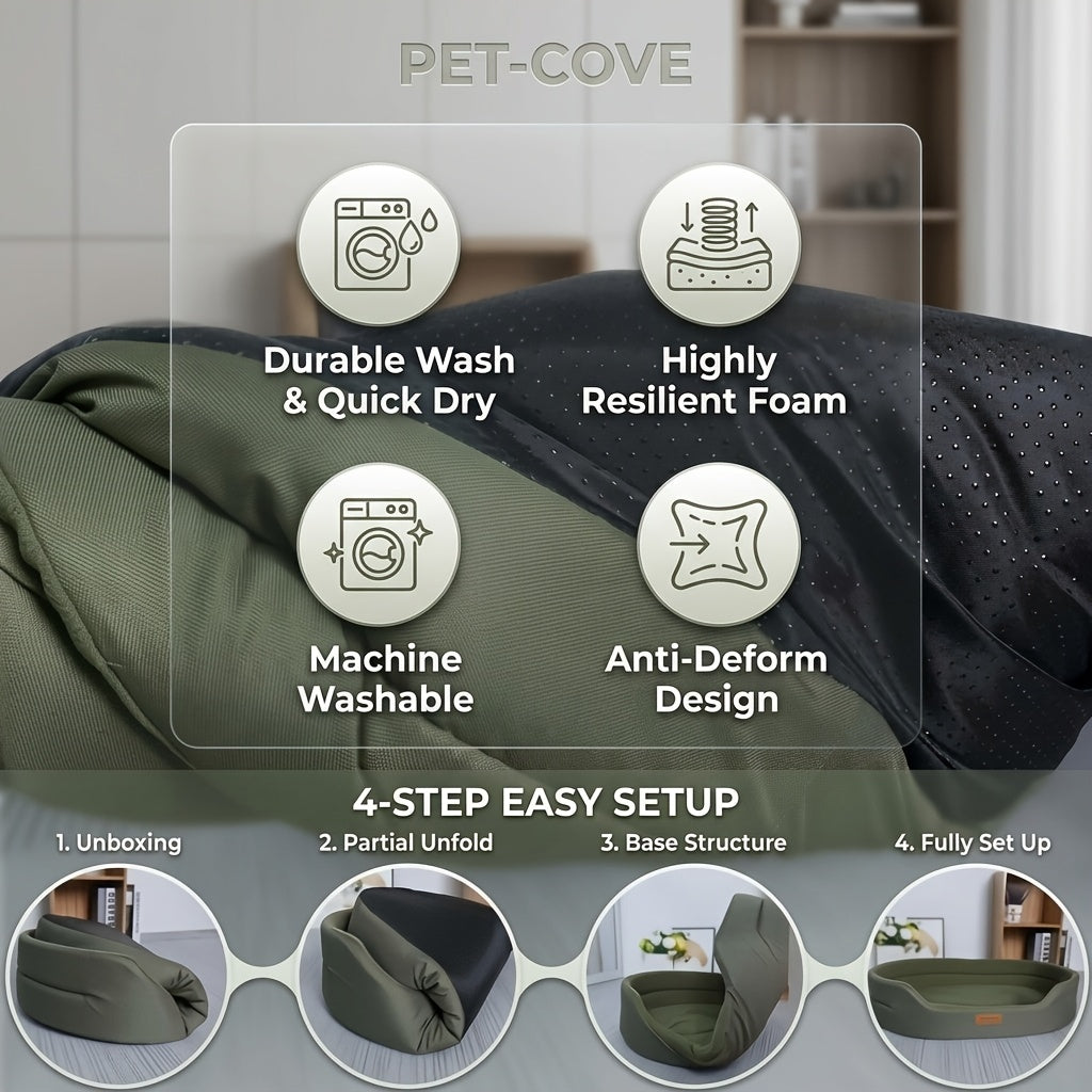 Oxford Cloth Dog Bed 2XL with Raised Sides, Washable Cushioned Pet Lounger for All-Season Indoor Rest and Sheltered Outdoor Use, Green or Grey
