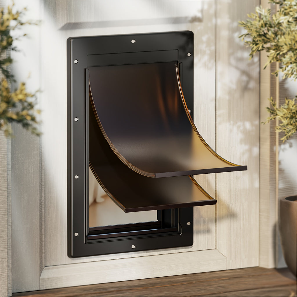 Dog Door with Double Magnetic Flaps and Closing Panel, Black Reinforced Polymer Pet Entry for Interior or Exterior Doors and Compatible Wall Installations
