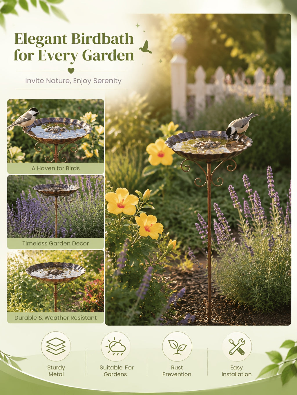 Garden Bird Bath with Ground Stake, 30.31-Inch Retro Metal Birdbath with Scalloped 10-Inch Basin, Copper or Bronze Color for Outdoor Yards