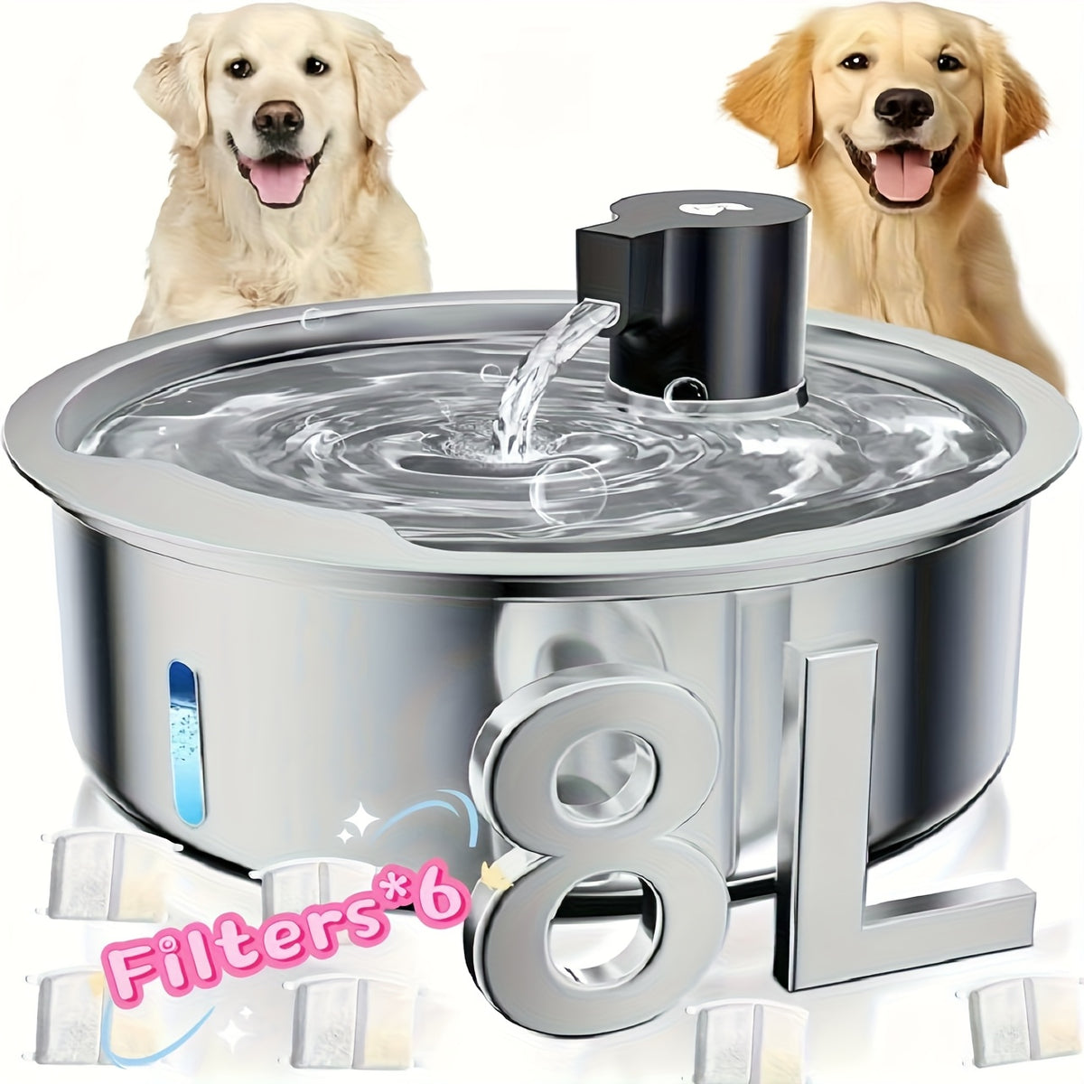 Pet Water Fountain 8L with Water Level Window, Silvery Stainless Steel Drinking Dispenser for Dogs and Cats with Selected Filter Bundle Options