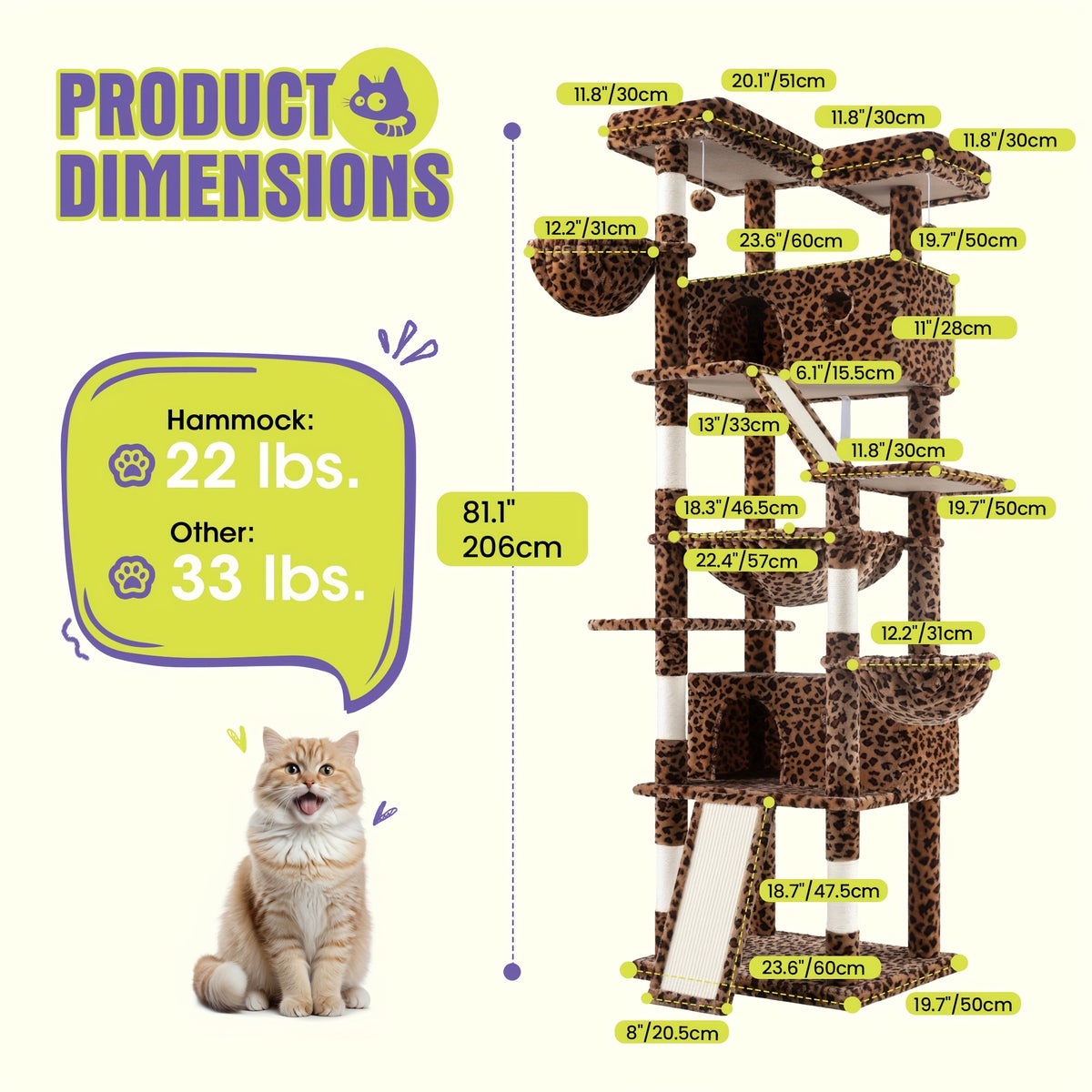 Multi-Size Cat Tree Tower for Indoor Cats, 36 65 68 or 81 Inch Multi-Level Pet Furniture with Sisal Scratching Posts and Plush Resting Areas