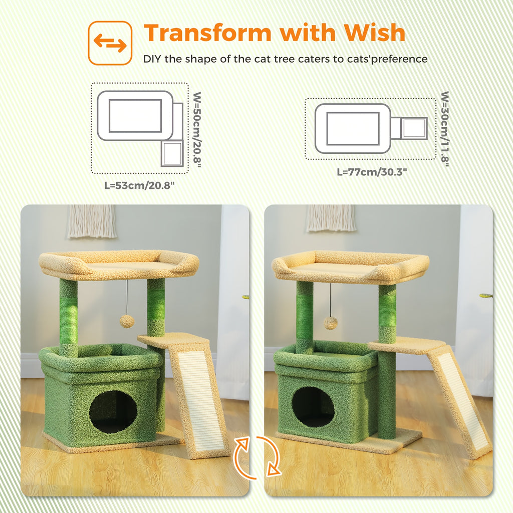 Cat Tree with Wide Perch and Condo, Modern Wood Cat Tower with Sisal Scratching Posts and Pad for Large Adult Indoor Cats and Compact Living Spaces