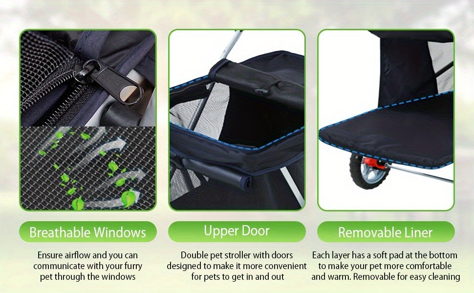 Double Decker Pet Stroller for Dogs and Cats, Foldable Four-Wheel Travel Pushchair with Cup Holder in Black or Pink for Small to Medium Pets