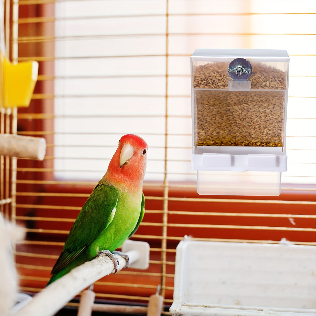 Gravity-Fed Bird Cage Feeder 8-Piece Set, Transparent Plastic Seed Dispensers with Mess-Reducing Design for Parakeets, Canaries, Cockatiels and Finches