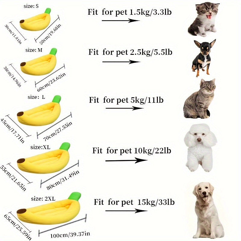 Banana Cat Bed in Yellow Plush, Fruit-Shaped Pet Nest with Raised Sides for Cats and Small to Medium Dogs, S L XL and 2XL Size Options
