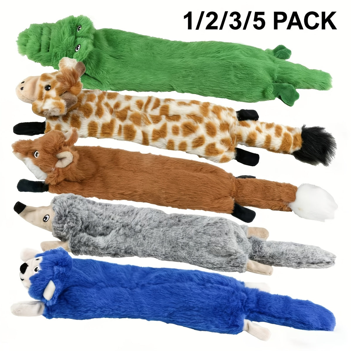 Squeaky Crinkle Dog Toys with No Stuffing, Soft Plush Animal Toys in 1, 2, 3 or 5 Piece Options for Supervised Puppy Play and Gentle Fetch