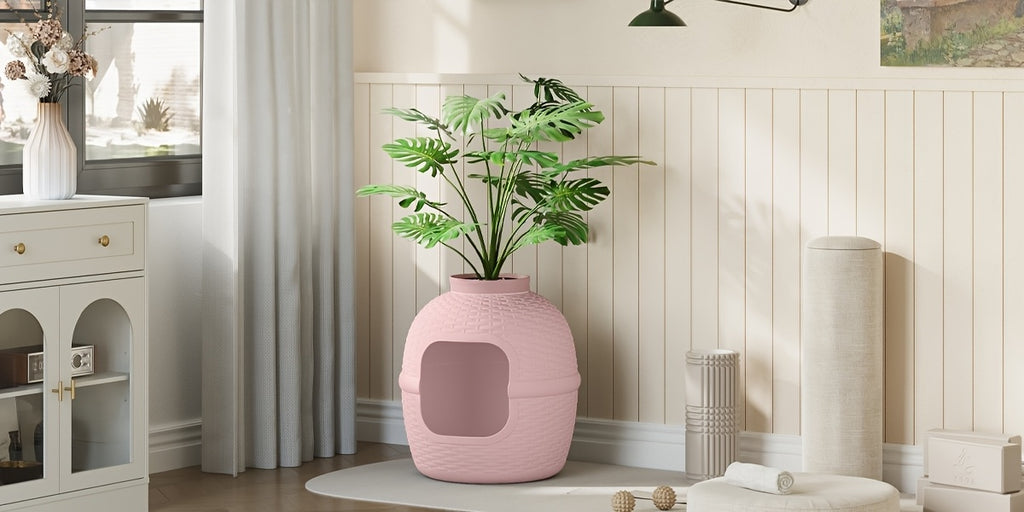 Hidden Litter Box with Plant and Rattan Pattern, Waterproof PP Cat Litter Furniture for Indoor Homes, Easy Assembly and Cleaning, Brown or OW