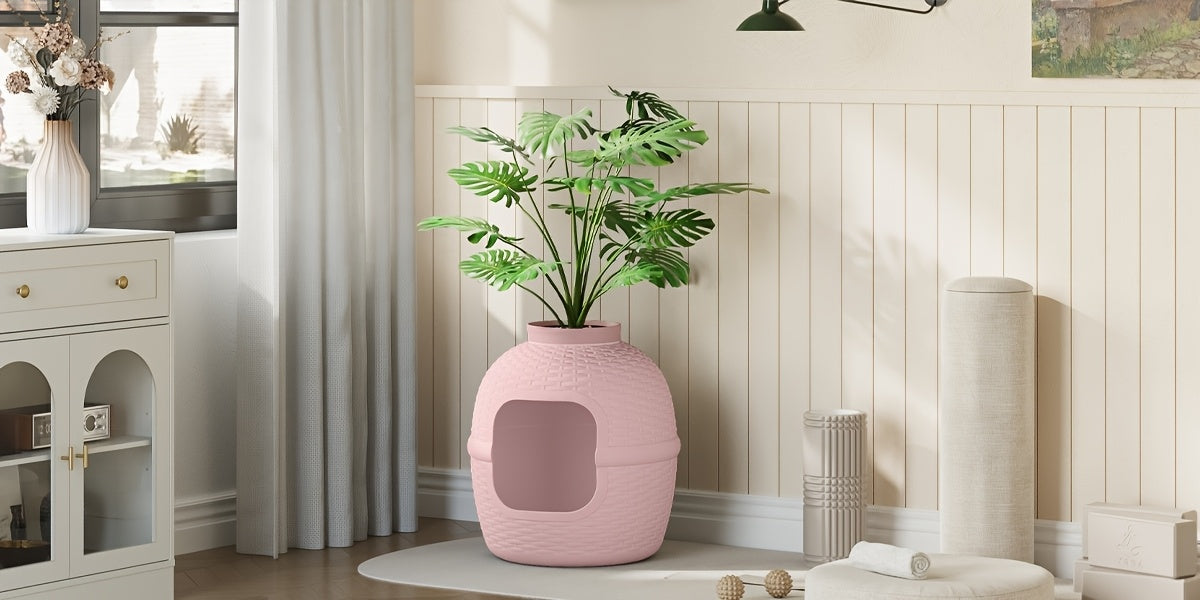 Hidden Litter Box with Plant and Rattan Pattern, Waterproof PP Cat Litter Furniture for Indoor Homes, Easy Assembly and Cleaning, Brown or OW