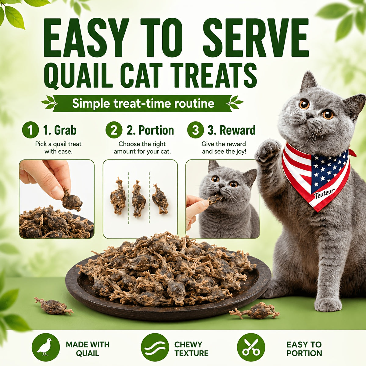 Freeze Dried Quail Cat Treats, Crunchy Single-Ingredient Pet Snacks for Cats and Dogs, Bite-Size Morsels for Supervised Treat Time and Training Rewards