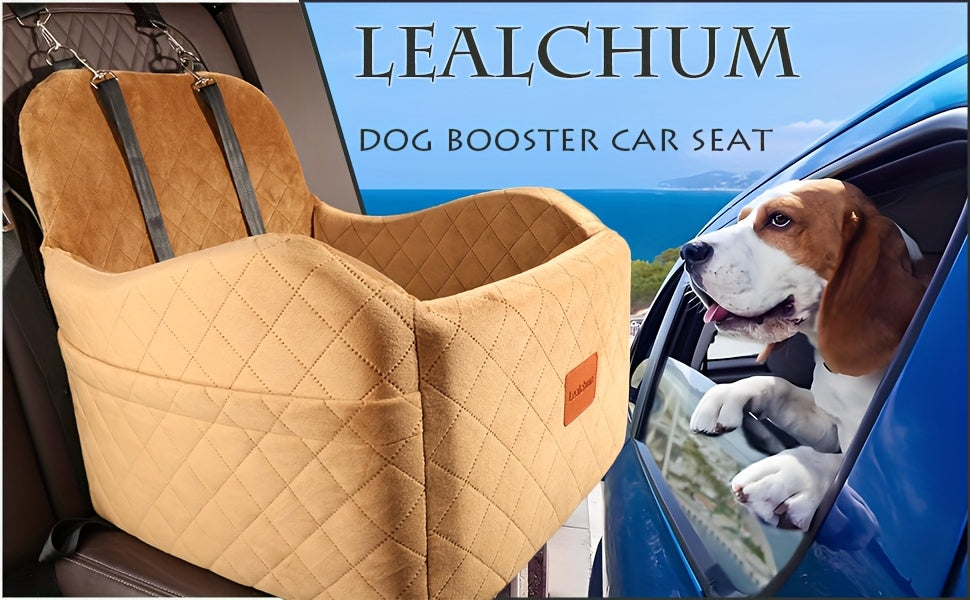 Plush Dog Car Seat with Memory Foam Cushion, Cozy Pet Travel Seat for Dogs and Cats with Side Storage Pockets and 3 Clip-On Leashes